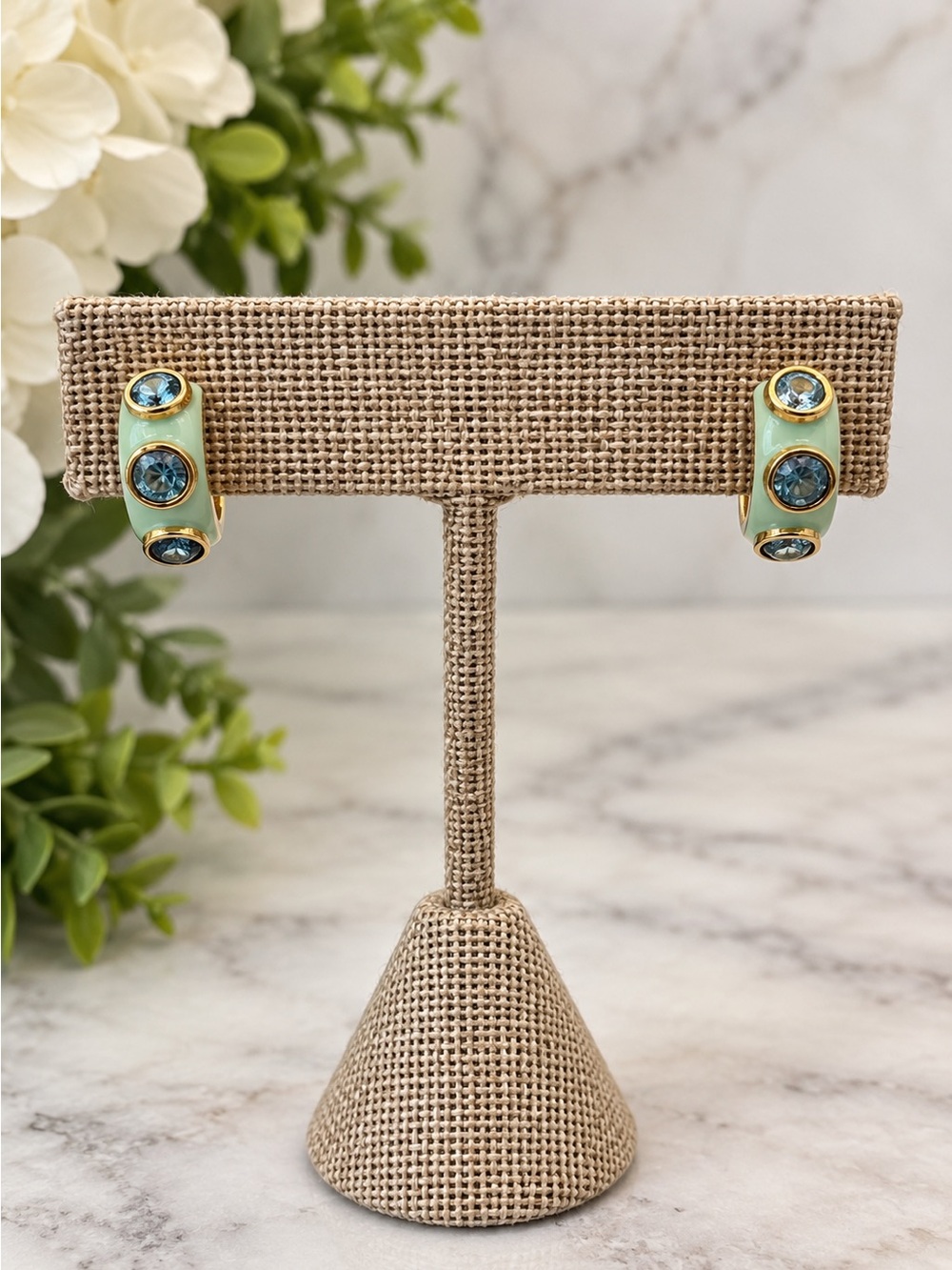 Blue topaz and enamel huggie earrings sterling silver and gold